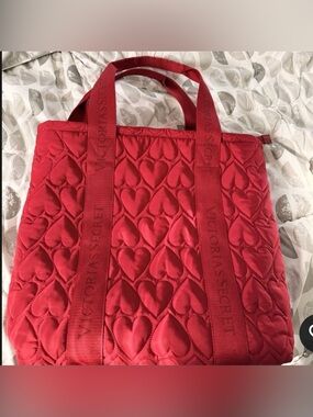 Victoria's Secret Limited Edition Red Quilted Heart Hearts Pattern Tote Bag